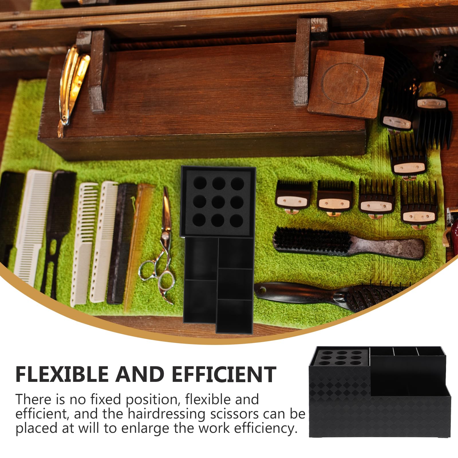 Minkissy multi compartment styling tool rack holding sectioning clips and hair brushes on a countertop.