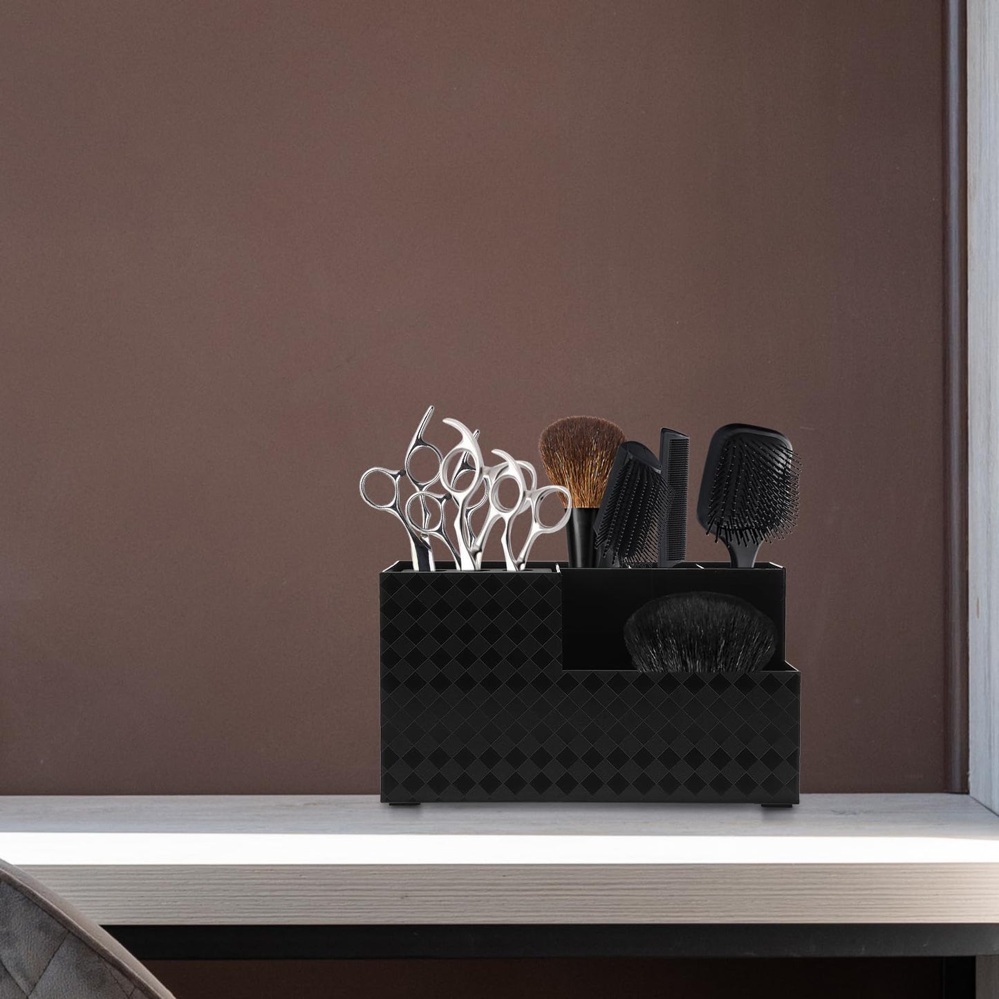 Minkissy authentic imported salon tool holder box display from a side angle perspective.