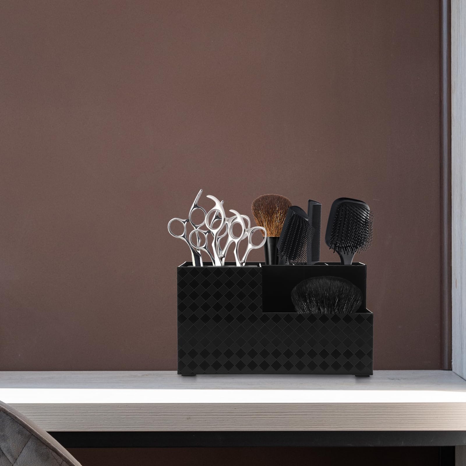 Minkissy authentic imported salon tool holder box display from a side angle perspective.