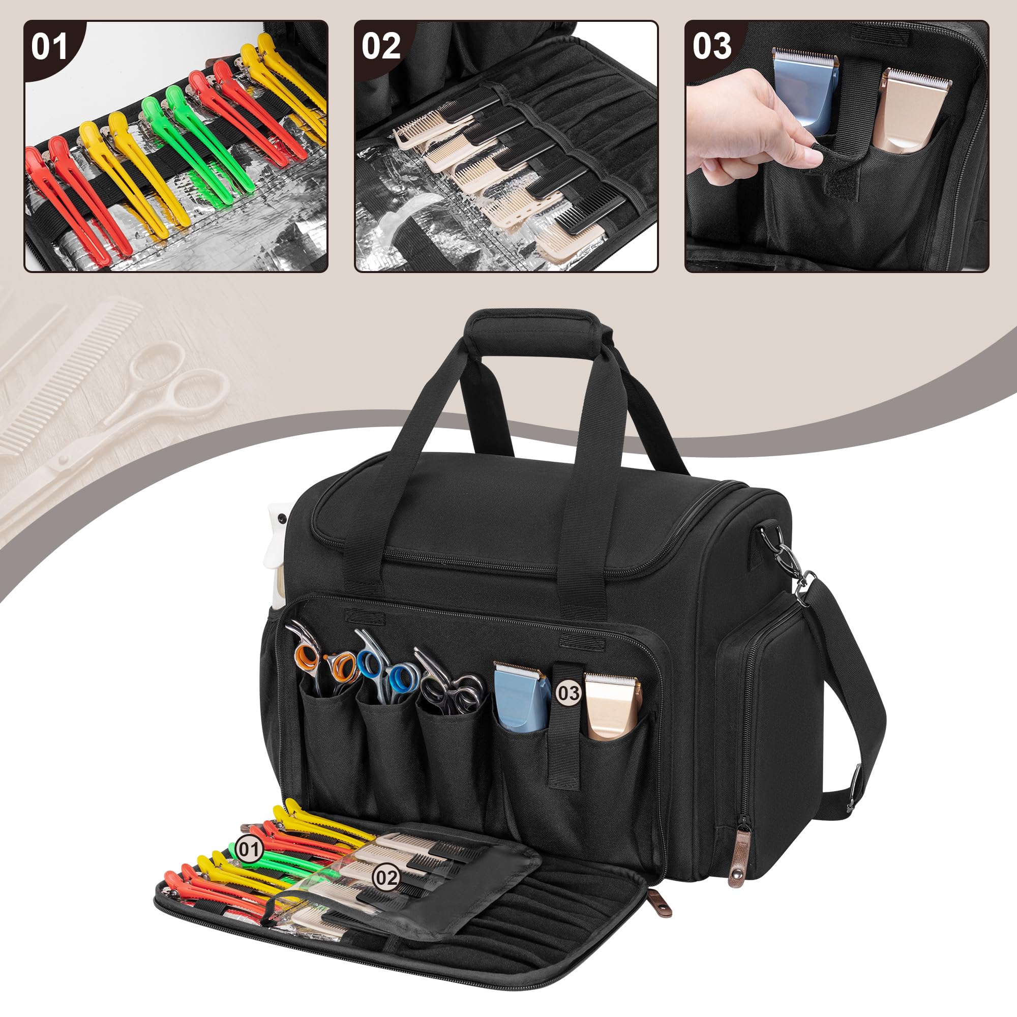 BAFASO professional hairstylist traveling bag open view displaying the heat resistant aluminum foil lining.