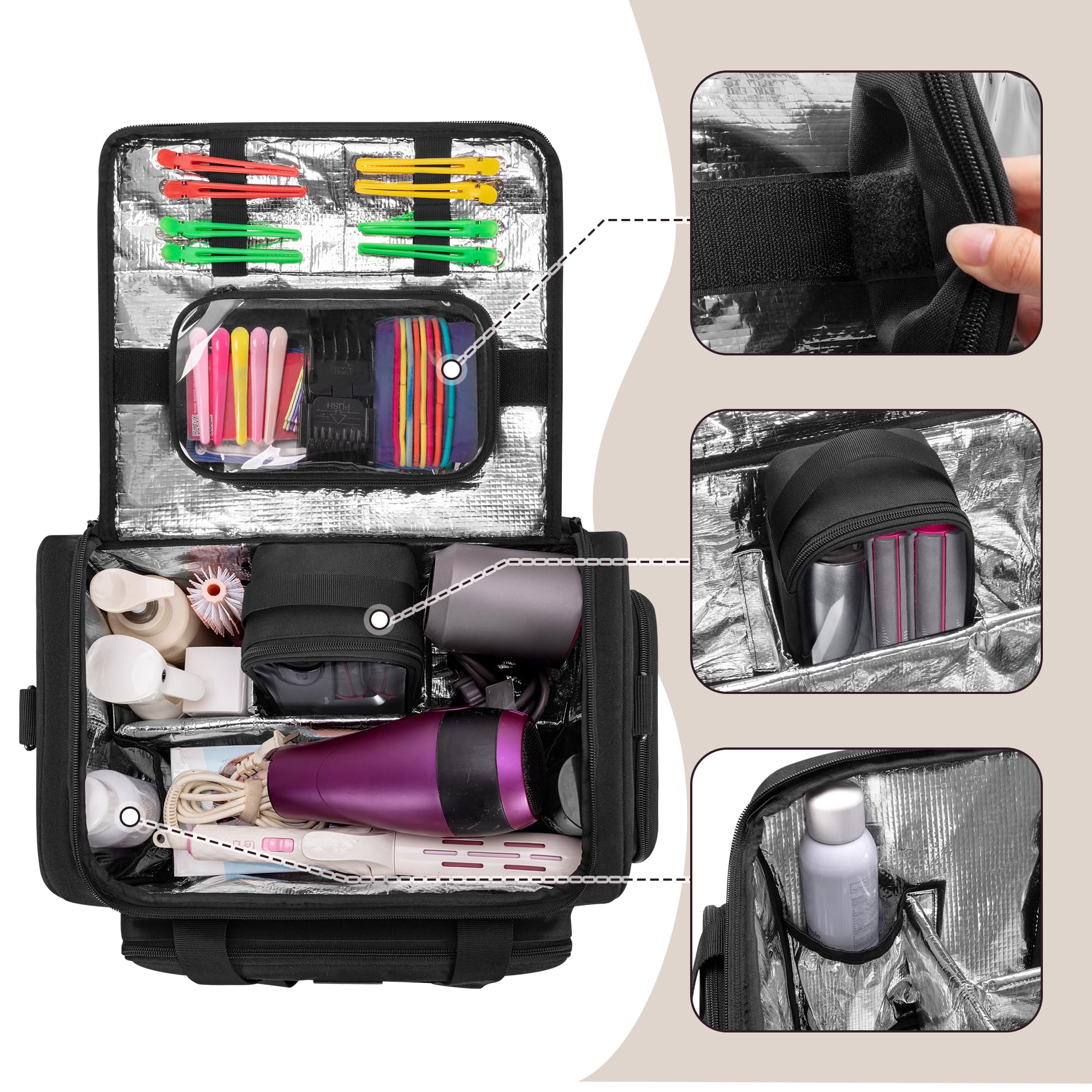 BAFASO insulated salon organizer case showing the semi detachable divider and adjustable sections.
