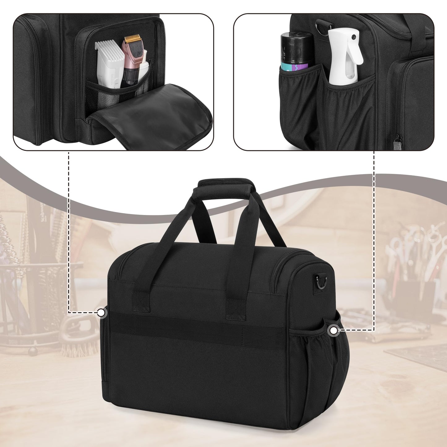 BAFASO travel grooming bag showcasing the two removable pouches for small styling accessories.