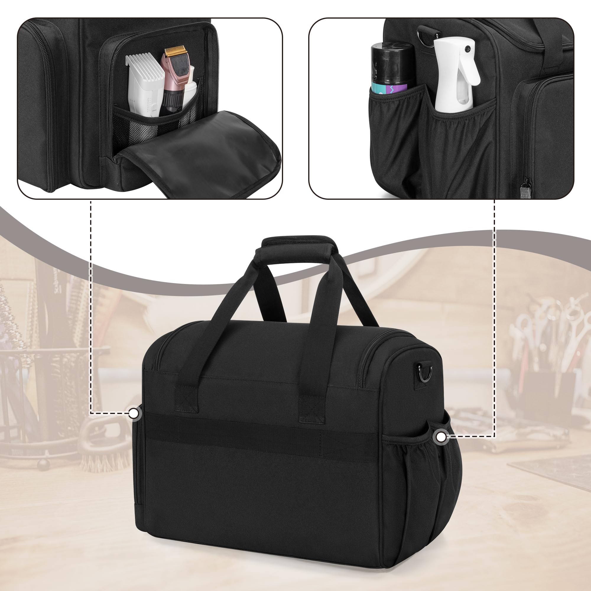 BAFASO travel grooming bag showcasing the two removable pouches for small styling accessories.