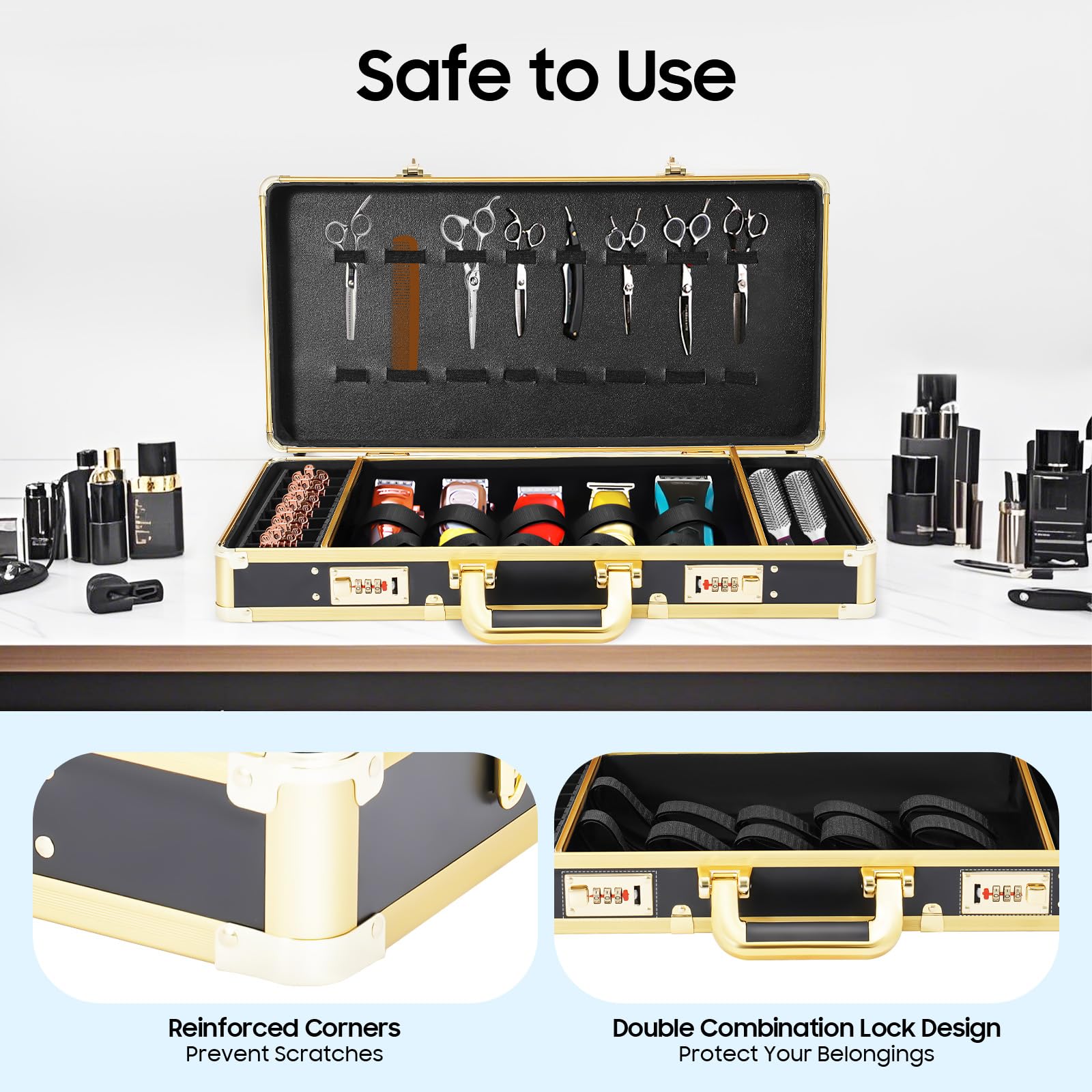 DENEST professional salon hairdressing suitcase open layout filled with clippers and scissors