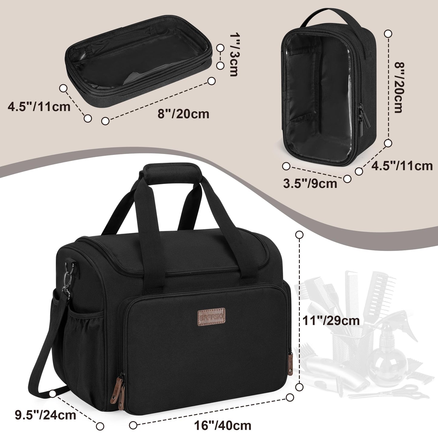 BAFASO black designer hair tool bag packed completely with professional clippers and scissors.