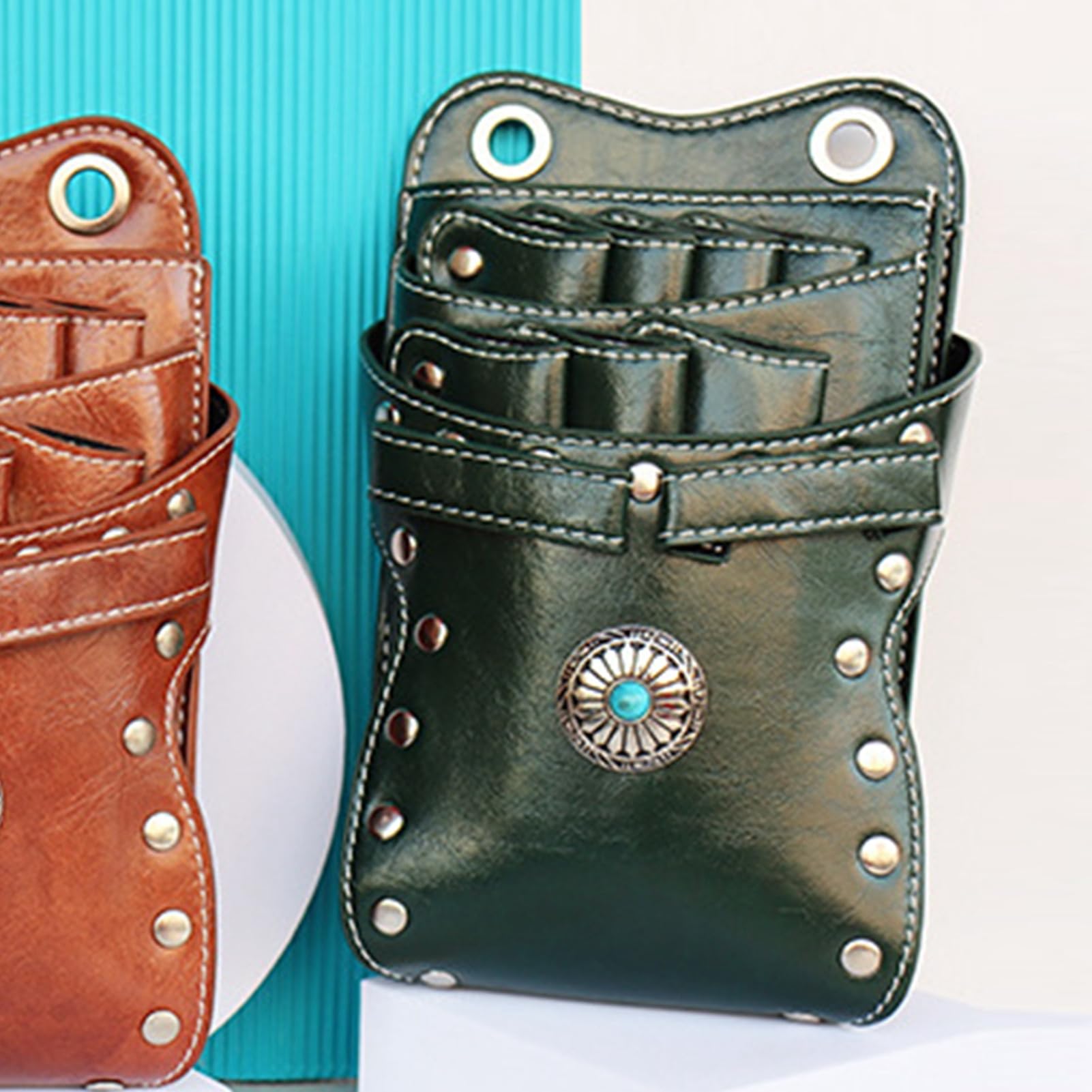 ZJchao hairdressing tool storage pouch worn as a convenient waist belt bag with shears inside.