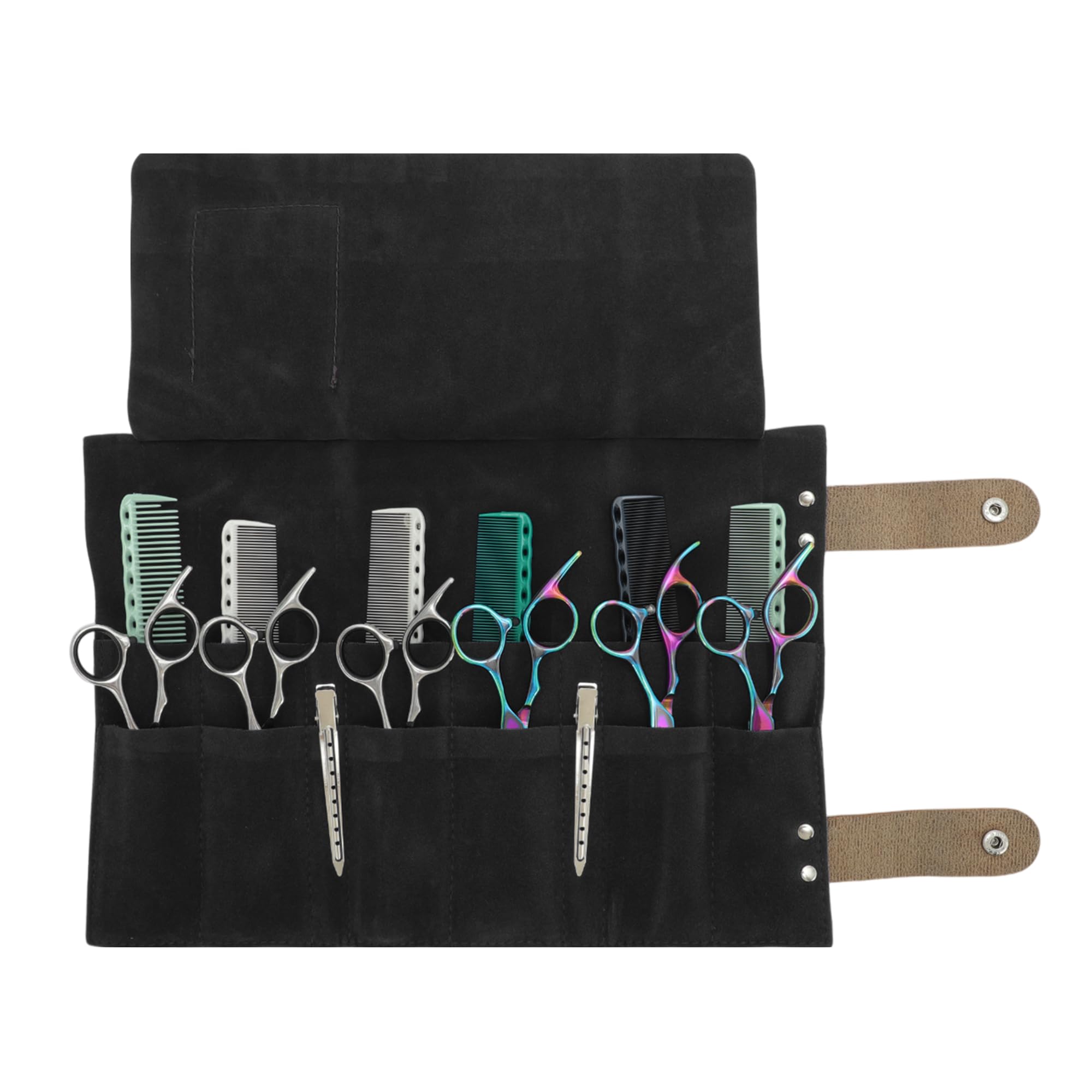 VOCOSTE barber tool pouch fully unrolled flat displaying twelve multi pockets filled with hair shears.