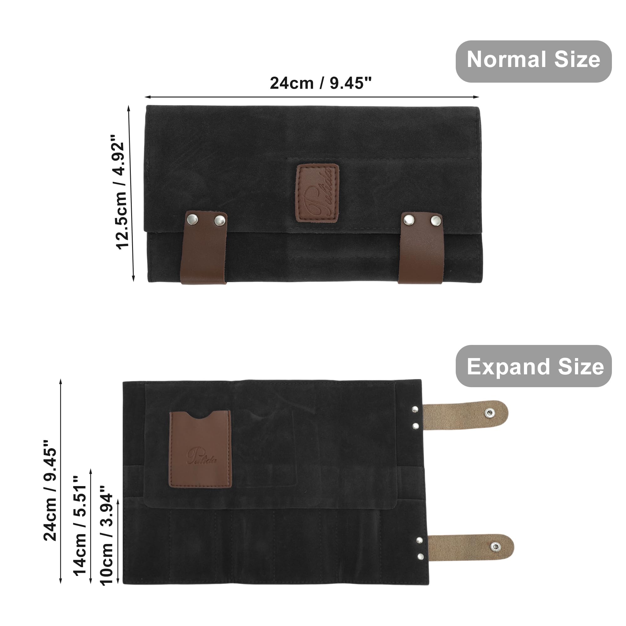 Foldable hair stylist shear case being rolled up securely using the premium brown snaps.
