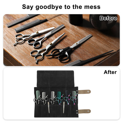 Professional hair styling setup featuring the VOCOSTE black roll up shears pouch on a barber station.