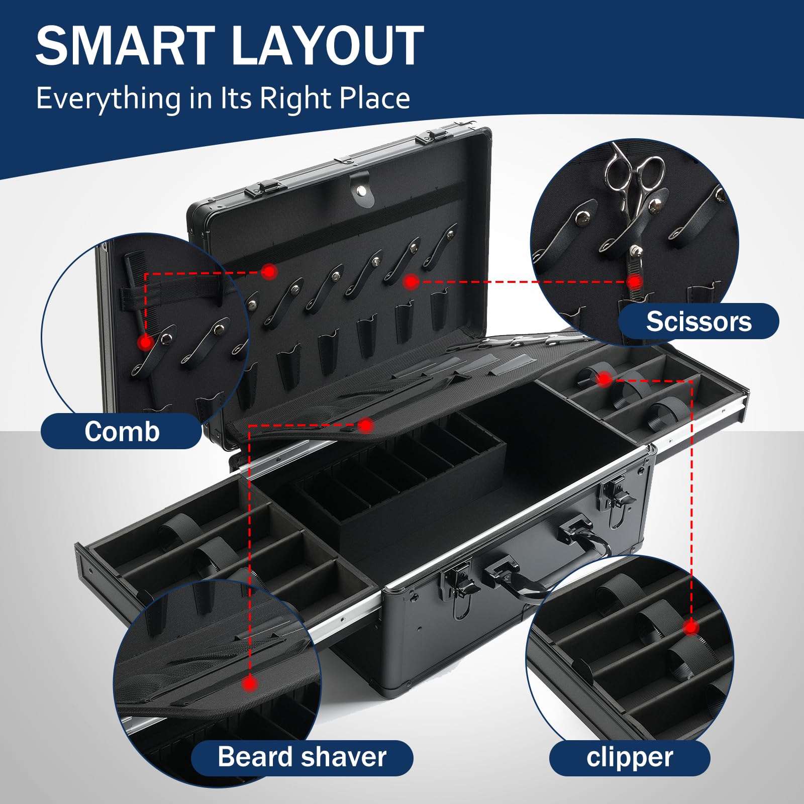 MoyRetty aluminum barber suitcase open view displaying the six clipper slots and eight shear holders with organized hair cutting tools.