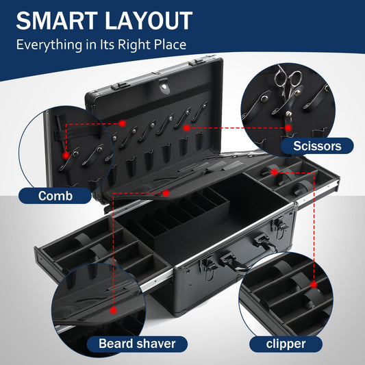 MoyRetty aluminum barber suitcase open view displaying the six clipper slots and eight shear holders with organized hair cutting tools.