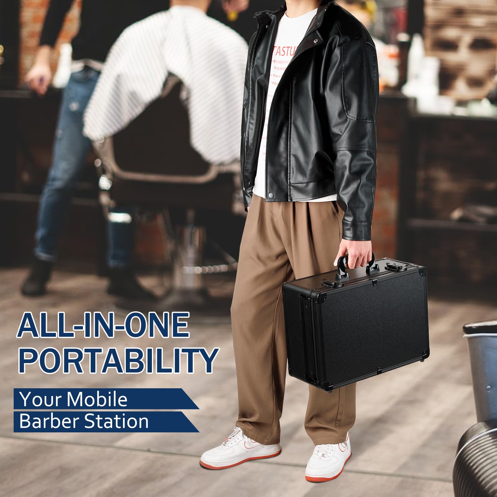 MoyRetty barber station brief case tool box being carried by the ergonomic top handle illustrating balanced weight distribution.