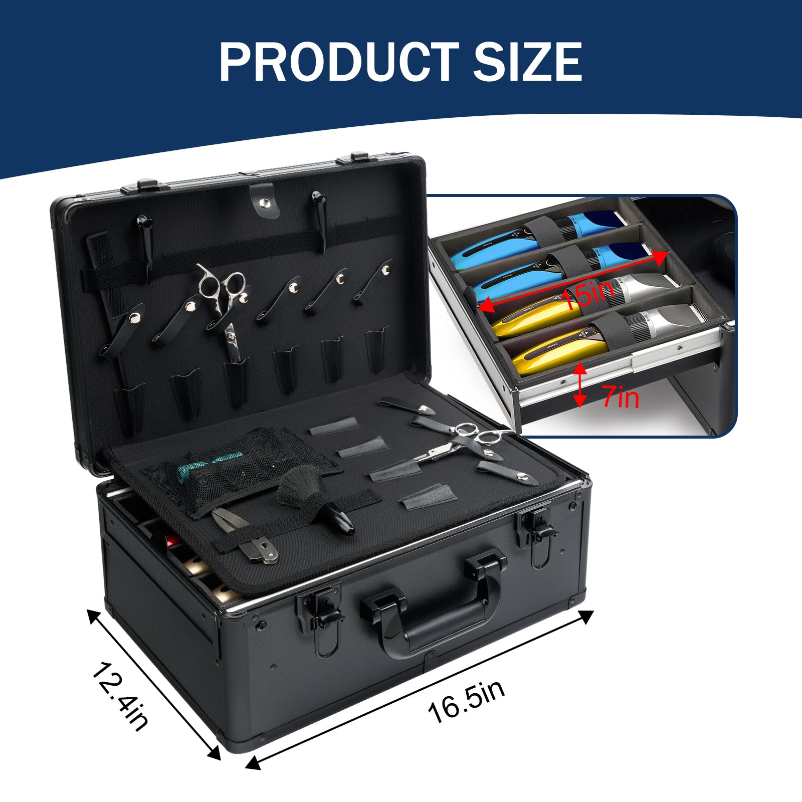 Interior view of the MoyRetty professional grooming suitcase showcasing the shockproof foam padding and secure slots for hair cutting shears.