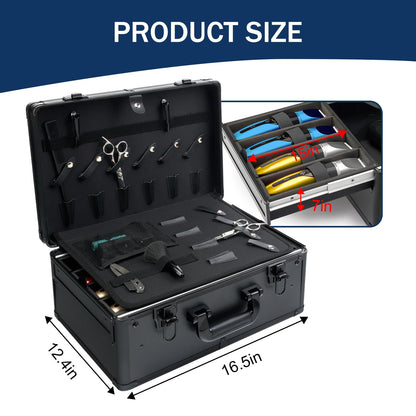 Interior view of the MoyRetty professional grooming suitcase showcasing the shockproof foam padding and secure slots for hair cutting shears.