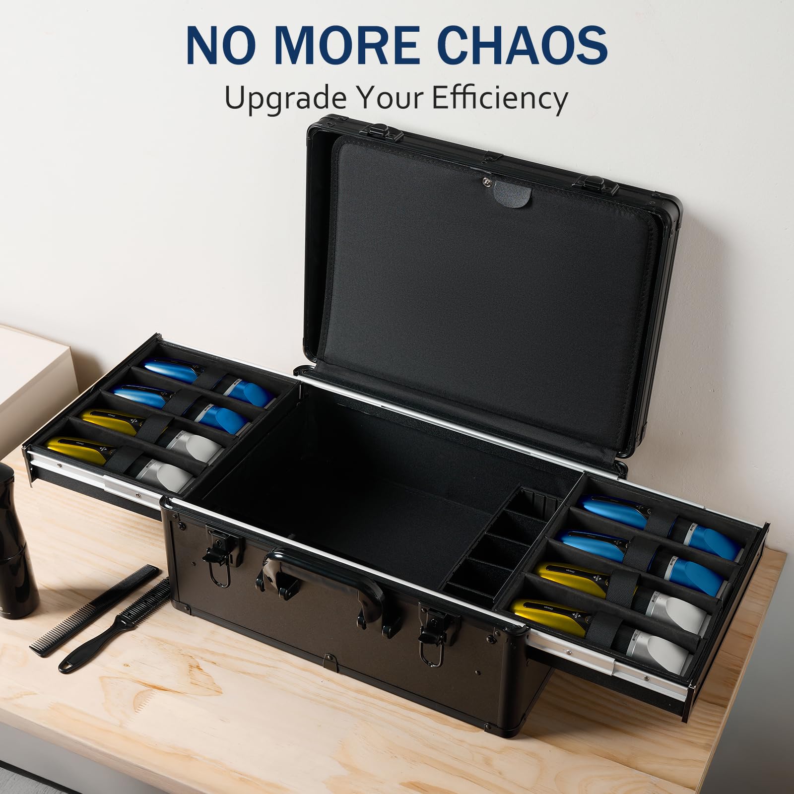 Side view of the lightweight MoyRetty black aluminum salon organizer highlighting the streamlined single lock latch assembly.