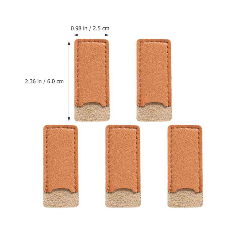 Five pieces of colorful PU leather safety sheaths laid out horizontally.