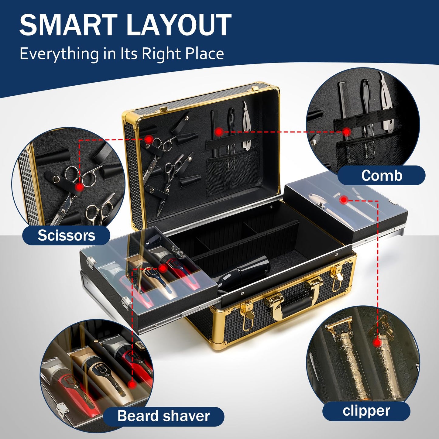 MoyRetty premium travel hair stylist toolbox open with compartments for six electric clippers.