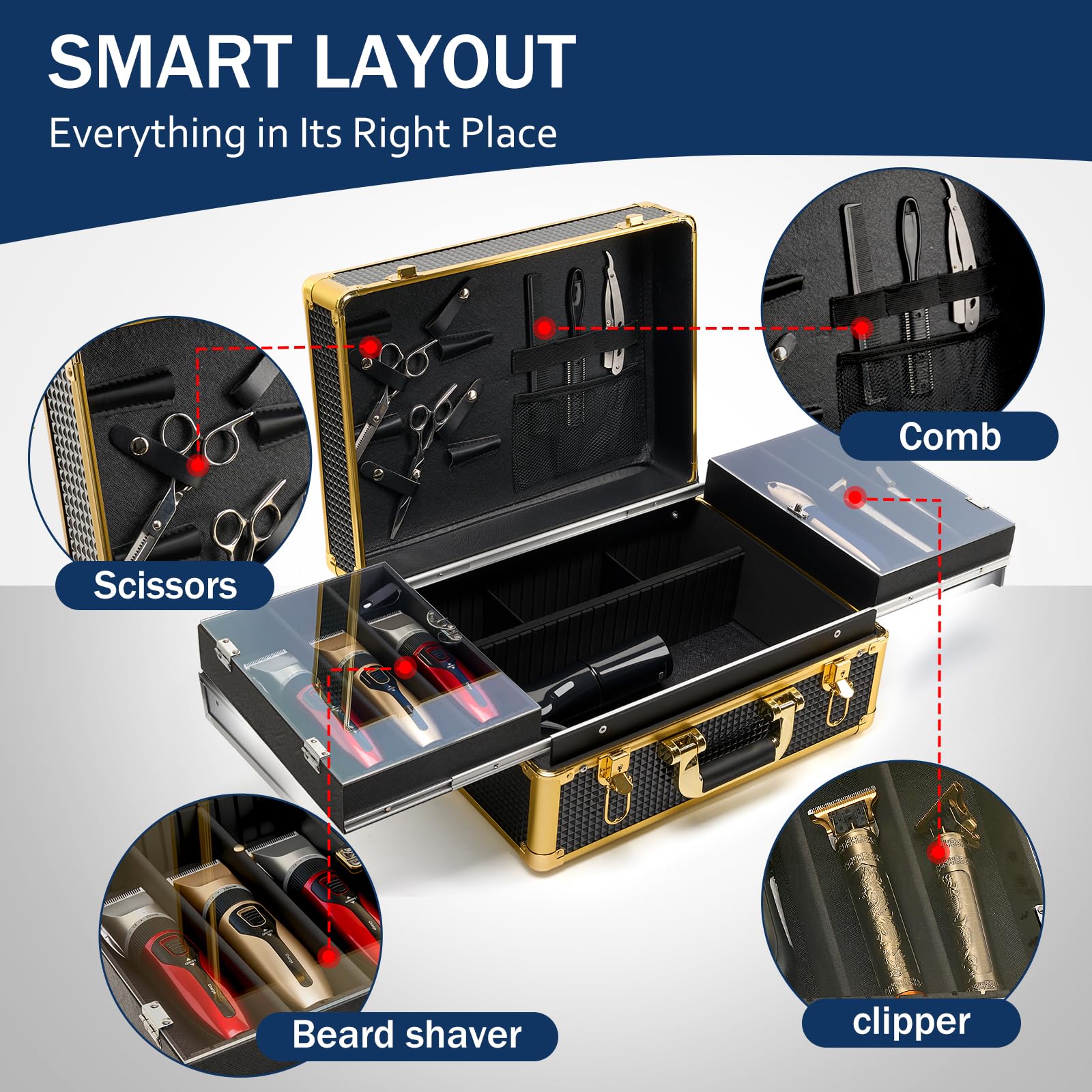 MoyRetty premium travel hair stylist toolbox open with compartments for six electric clippers.