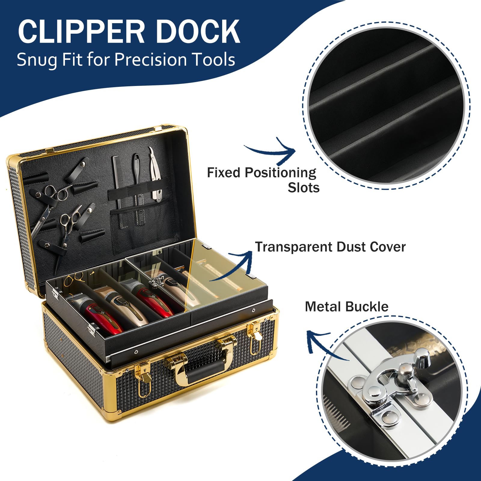 MoyRetty portable barber suitcase showing side latches and heavy duty carrying handle.