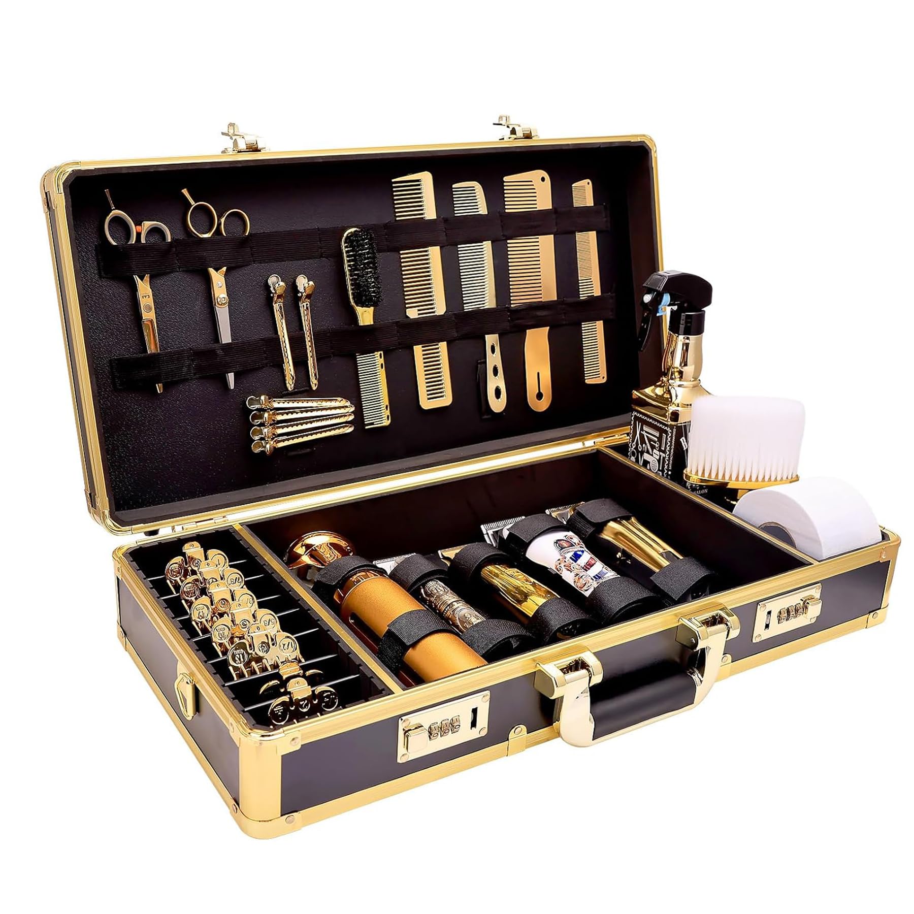 GYKLE Professional Barber Supplies Case open view showing internal slots for clippers and scissors.