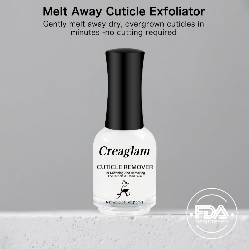Creaglam Cuticle Remover Liquid shown with nail care accessories