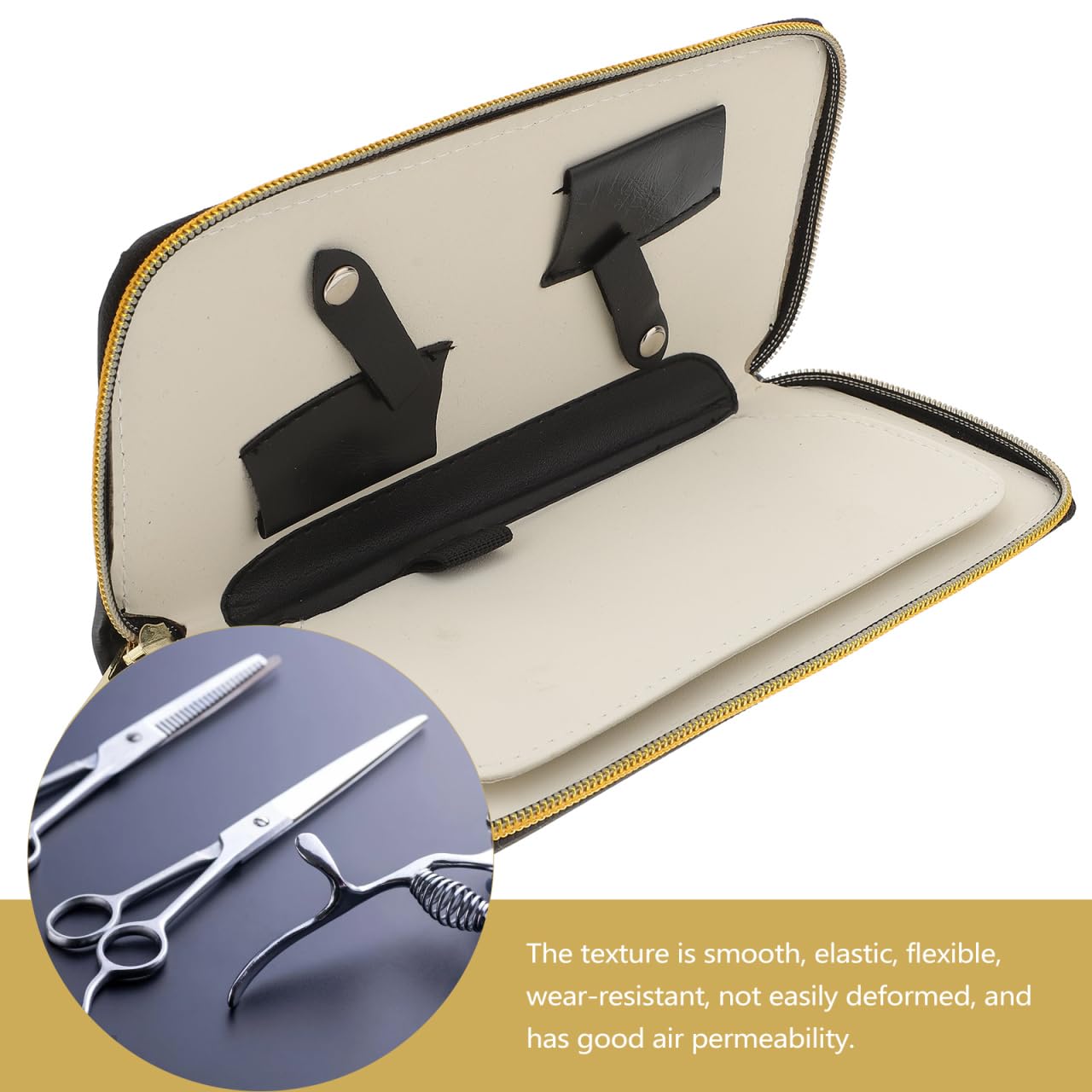 Mobestech hair stylist tools bag close up on the smooth wear resistant leather texture.