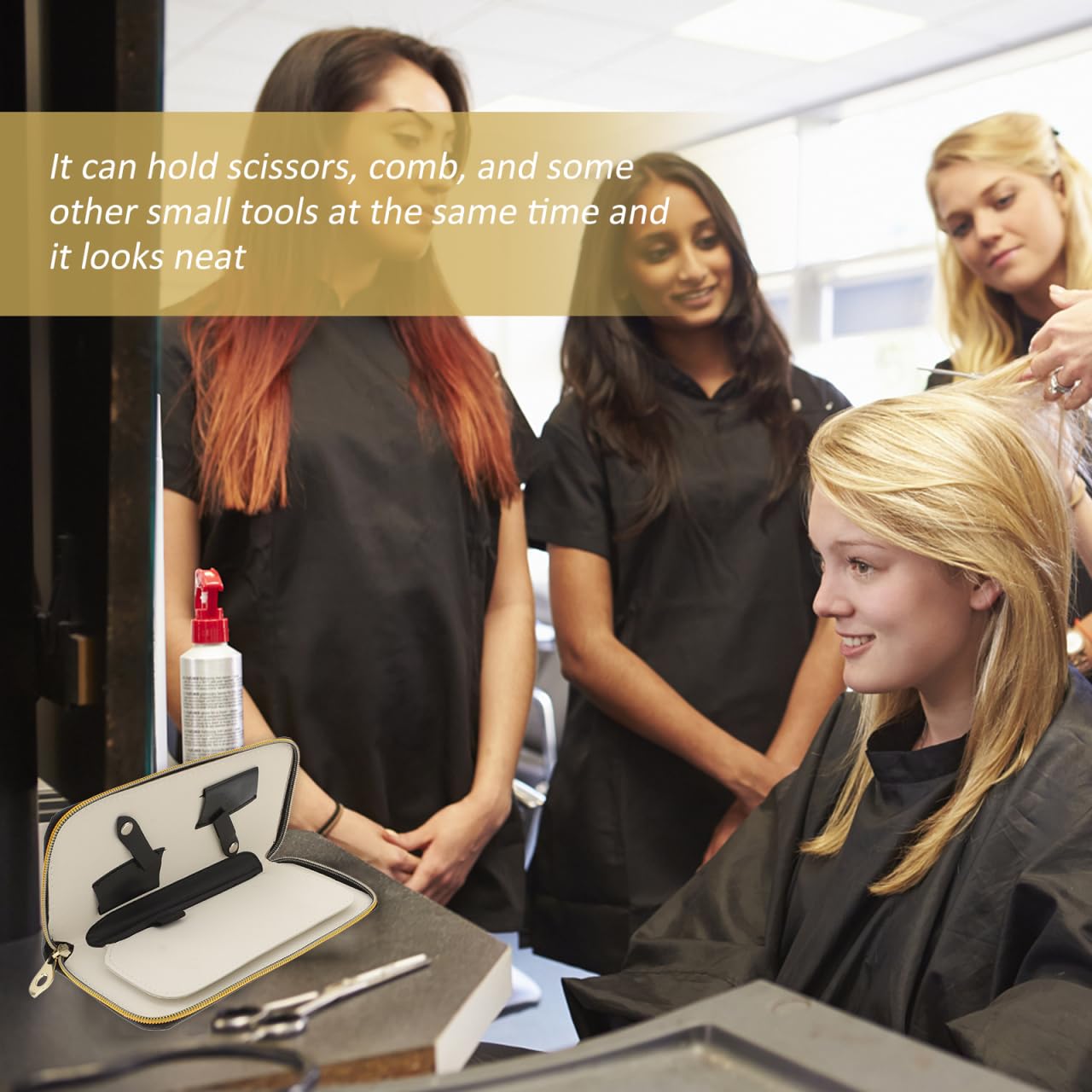 Mobestech hair tool organizer pouch being handled by a professional hairstylist in a salon environment.