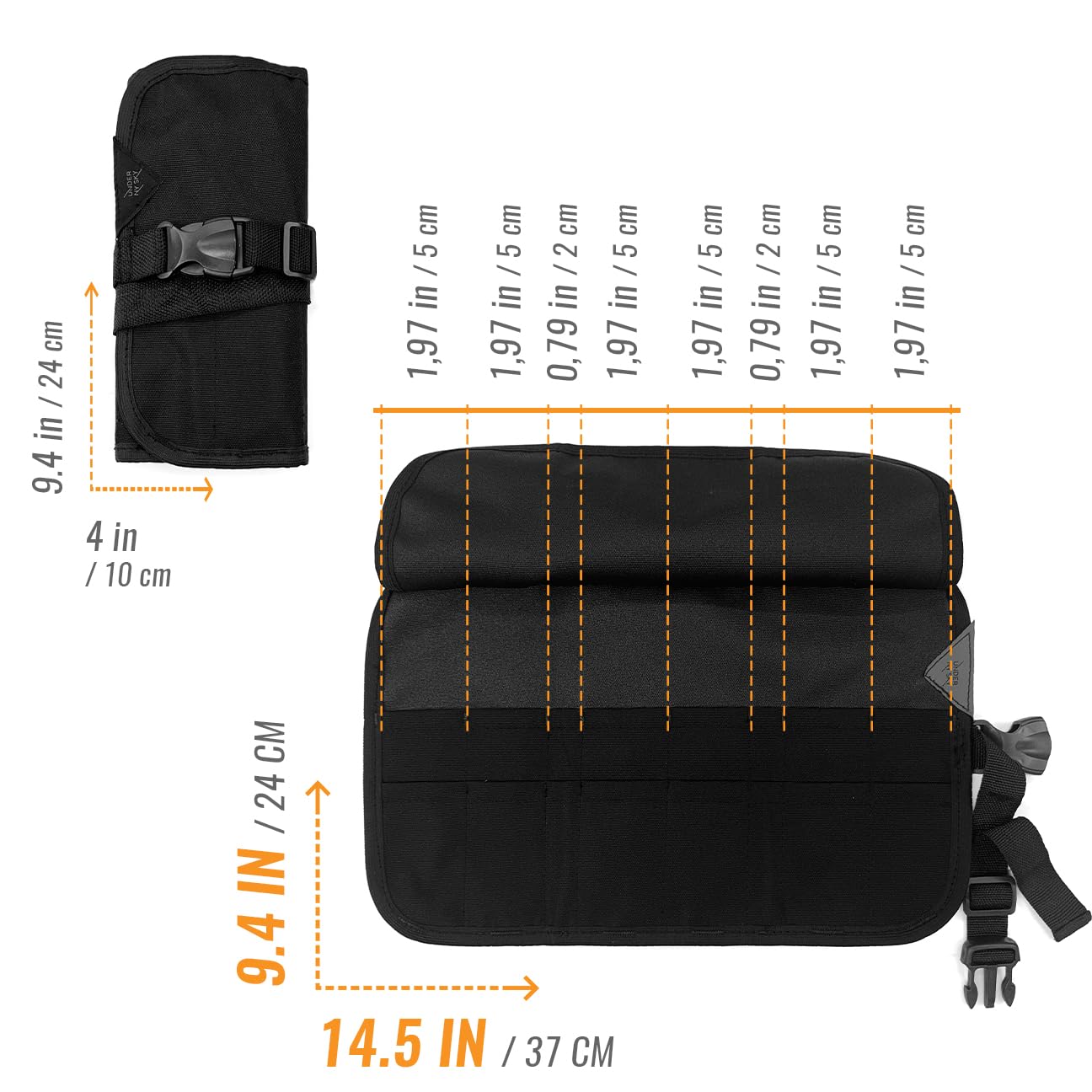 Under NY Sky professional tool roll opened flat displaying 16 storage pockets for shears.