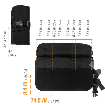 Under NY Sky professional tool roll opened flat displaying 16 storage pockets for shears.