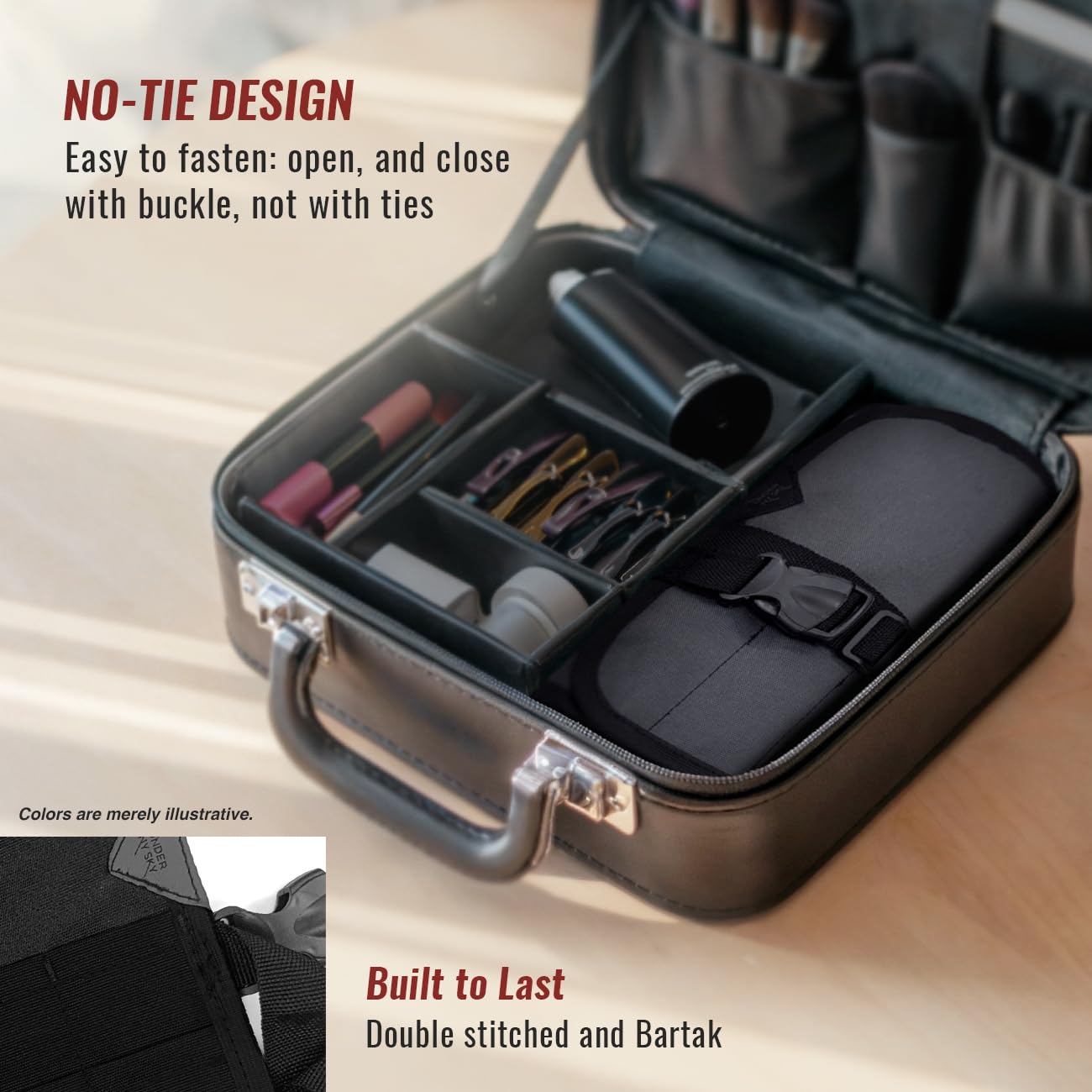 Black canvas barber pouch rolled up securely with heavy duty nylon straps and buckle closure.