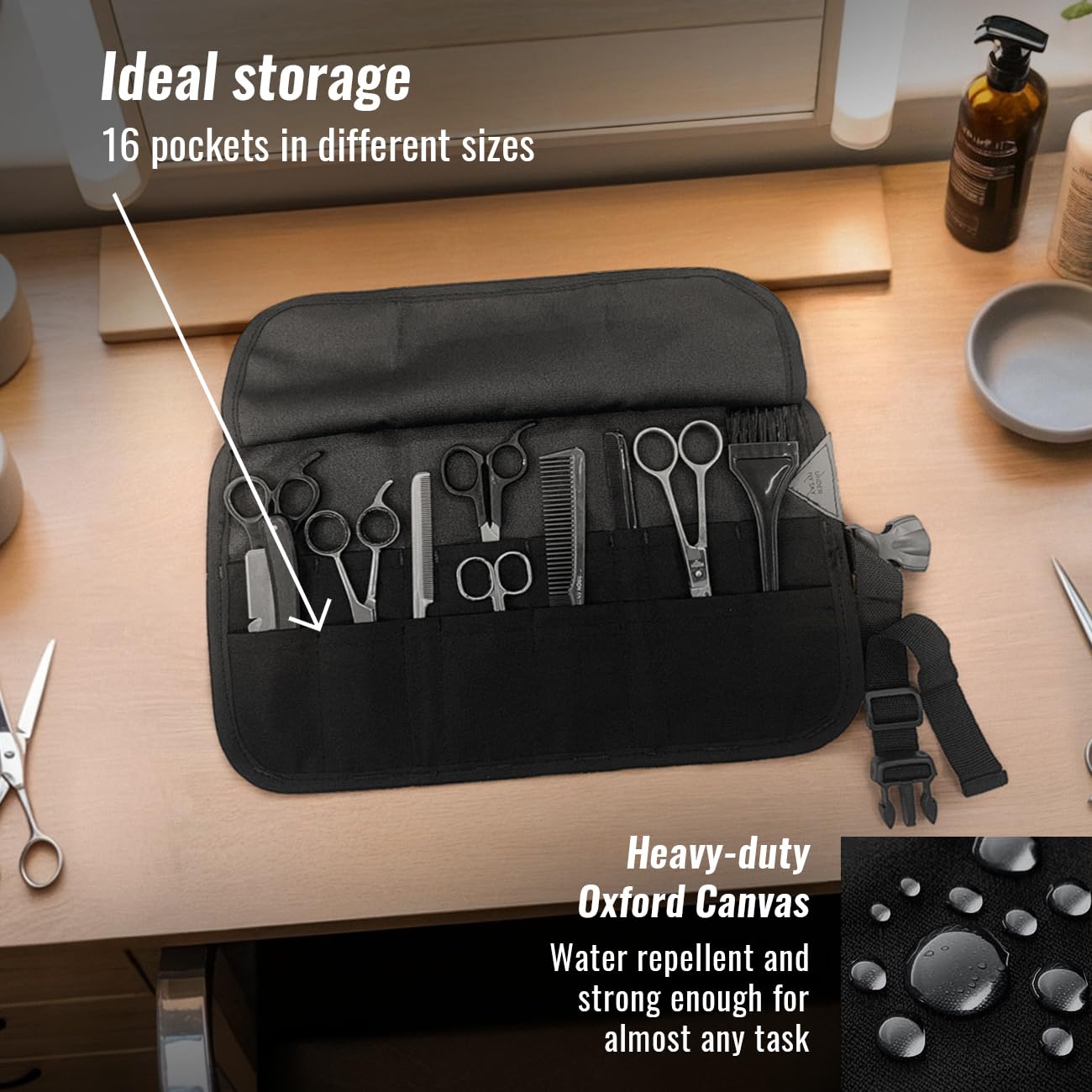 Close up view of the durable stitching on the Under NY Sky hairdressing organizer case.