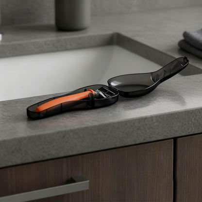 Transparent plastic shaver storage container opened to showcase the universal fit interior.