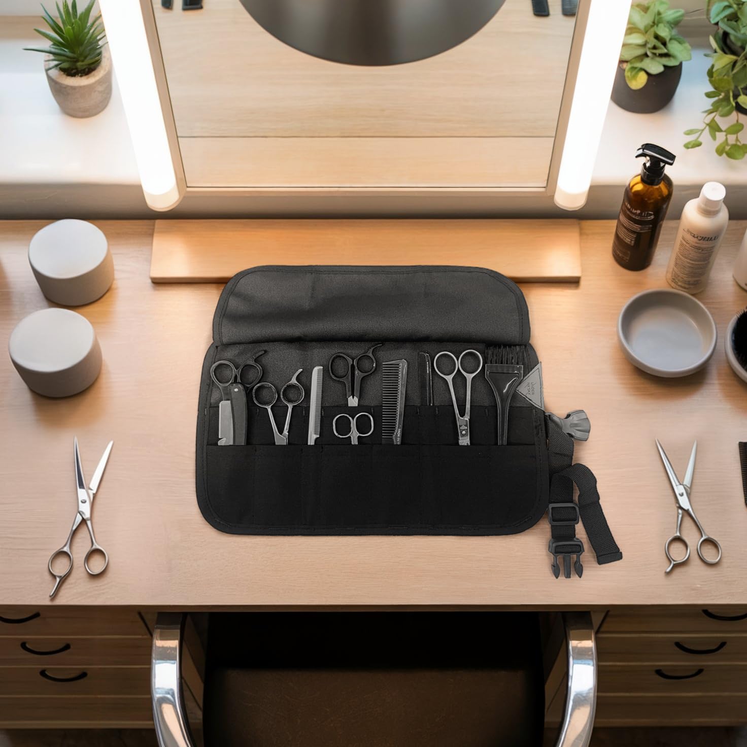 Under NY Sky black canvas tool roll showing capacity layout for barber combs and scissors.
