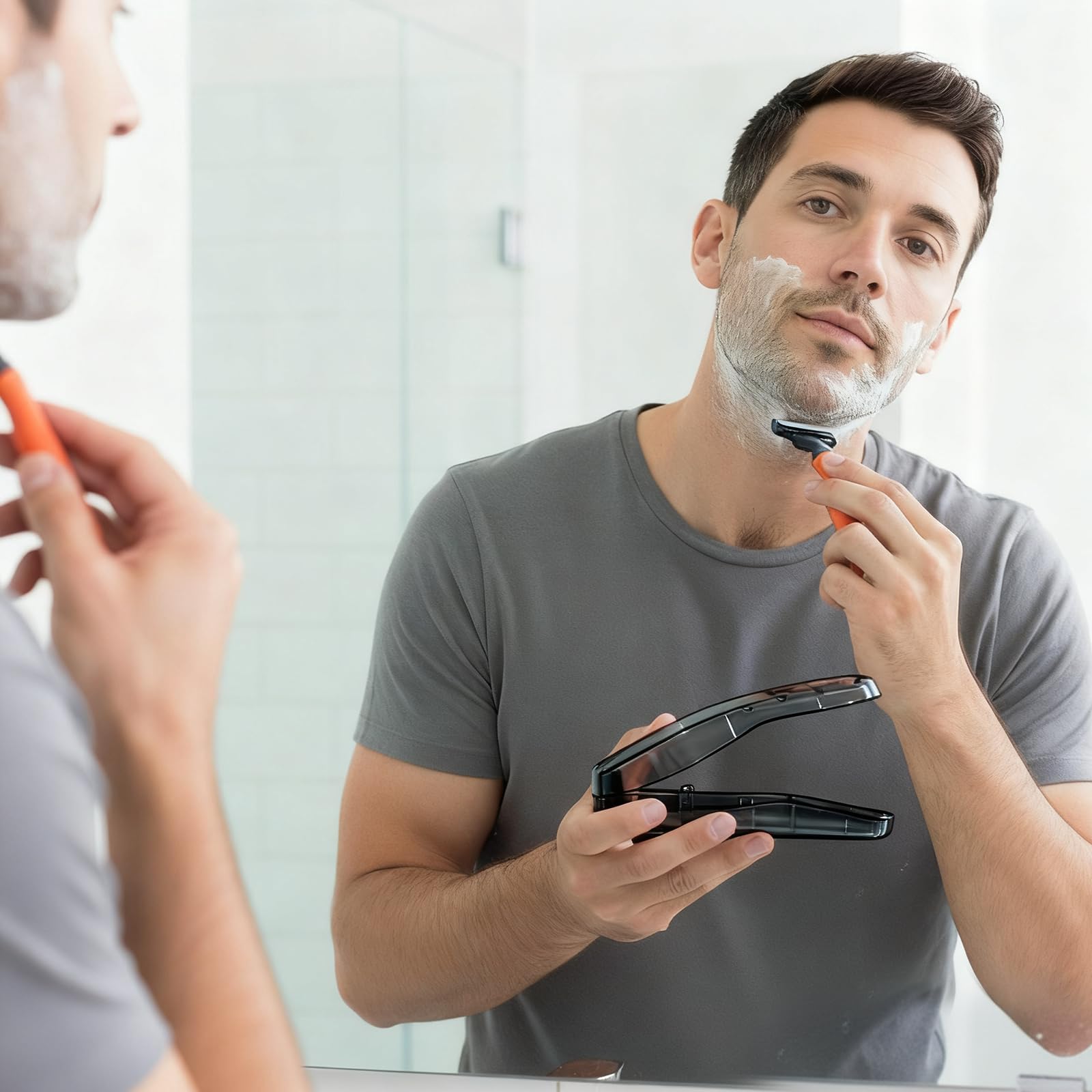 Two pack setup of the transparent protective shaver sleeve for travel organization.