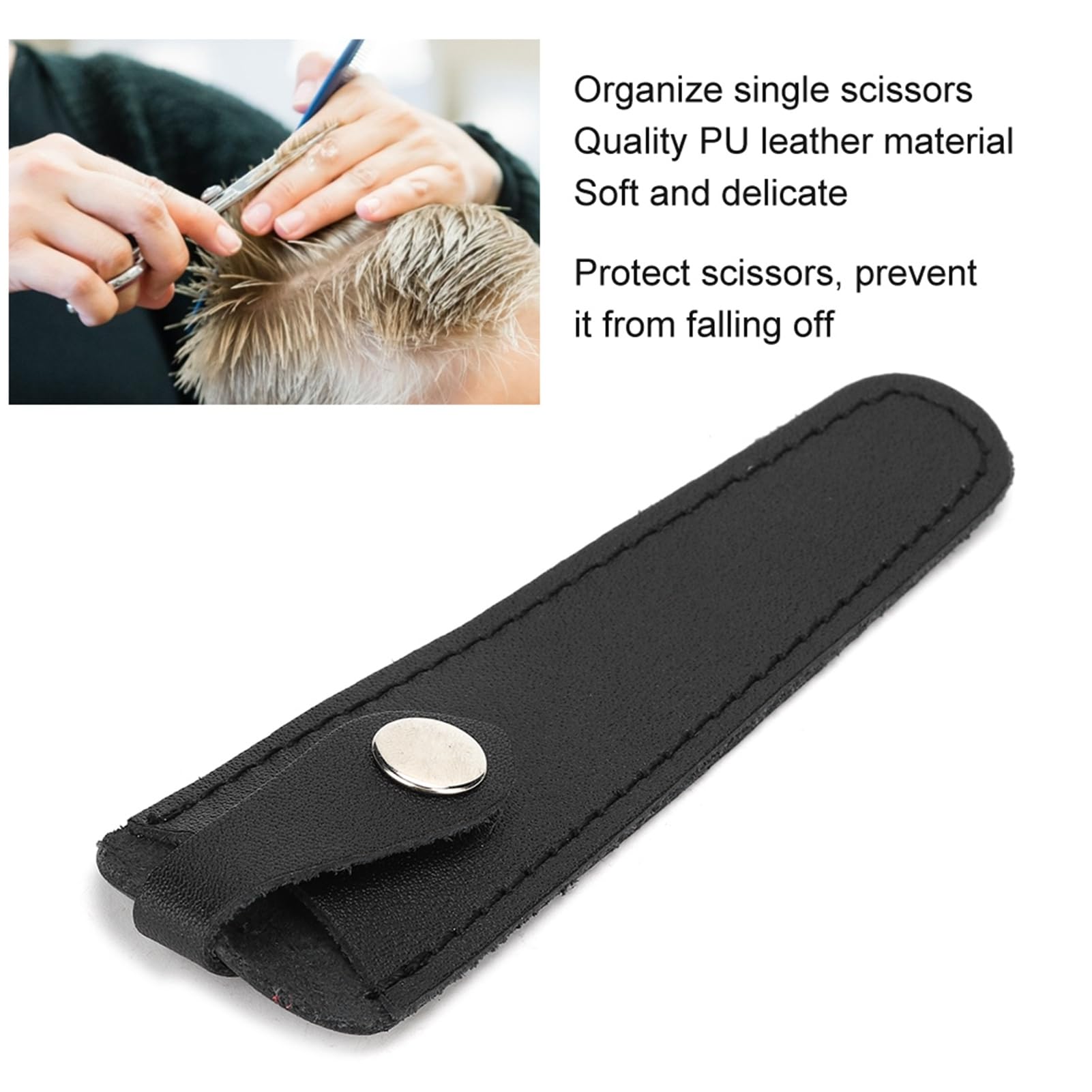 Professional hair cutting scissors cover in black leather placed on a barber workstation.