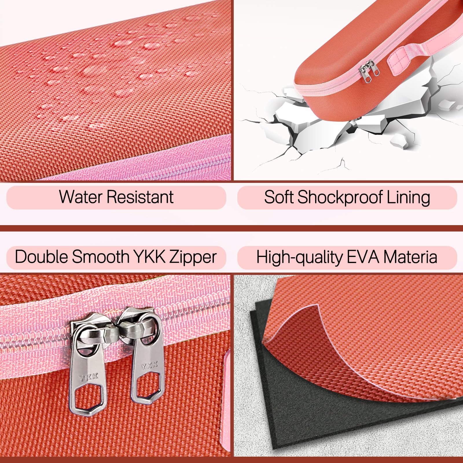 RAIACE shockproof EVA case for hair tools showing detailed view of the premium smooth YKK zipper closure