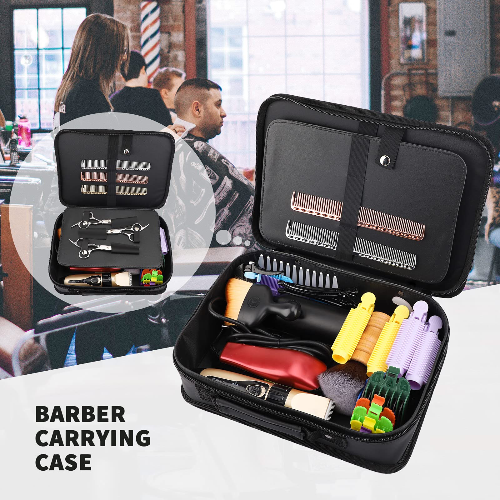 Segbeauty professional salon travel bag opened flat displaying internal compartments for clippers and scissors.