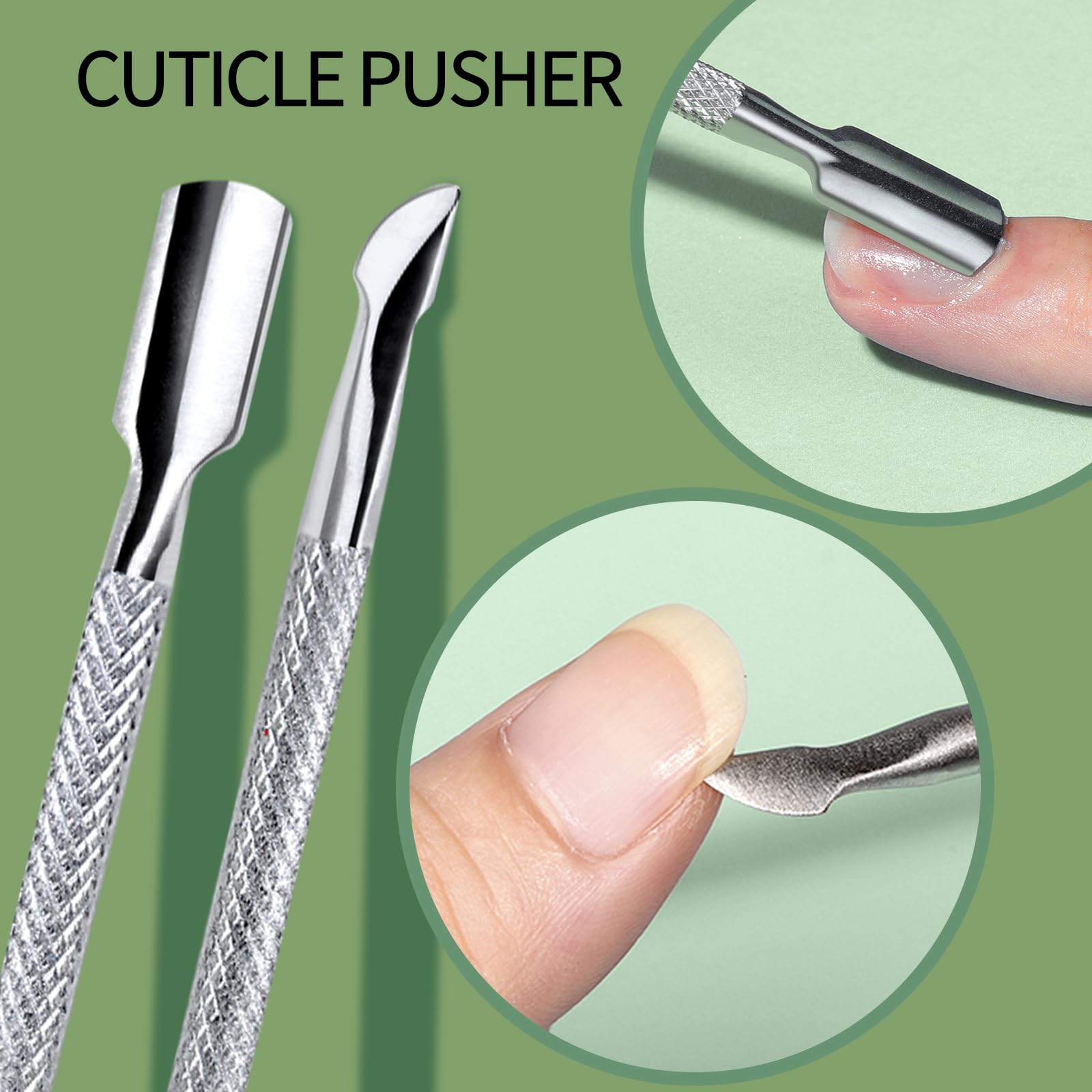Close up of stainless steel cuticle trimmer and pusher tools
