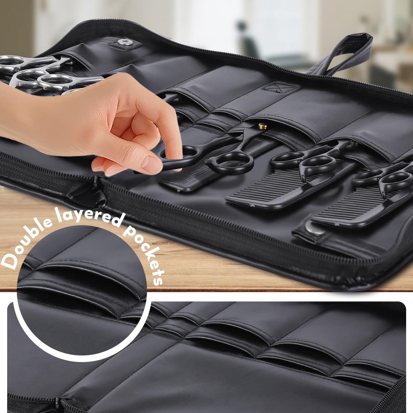 Amotpo professional salon shear case standing upright on a barber workstation