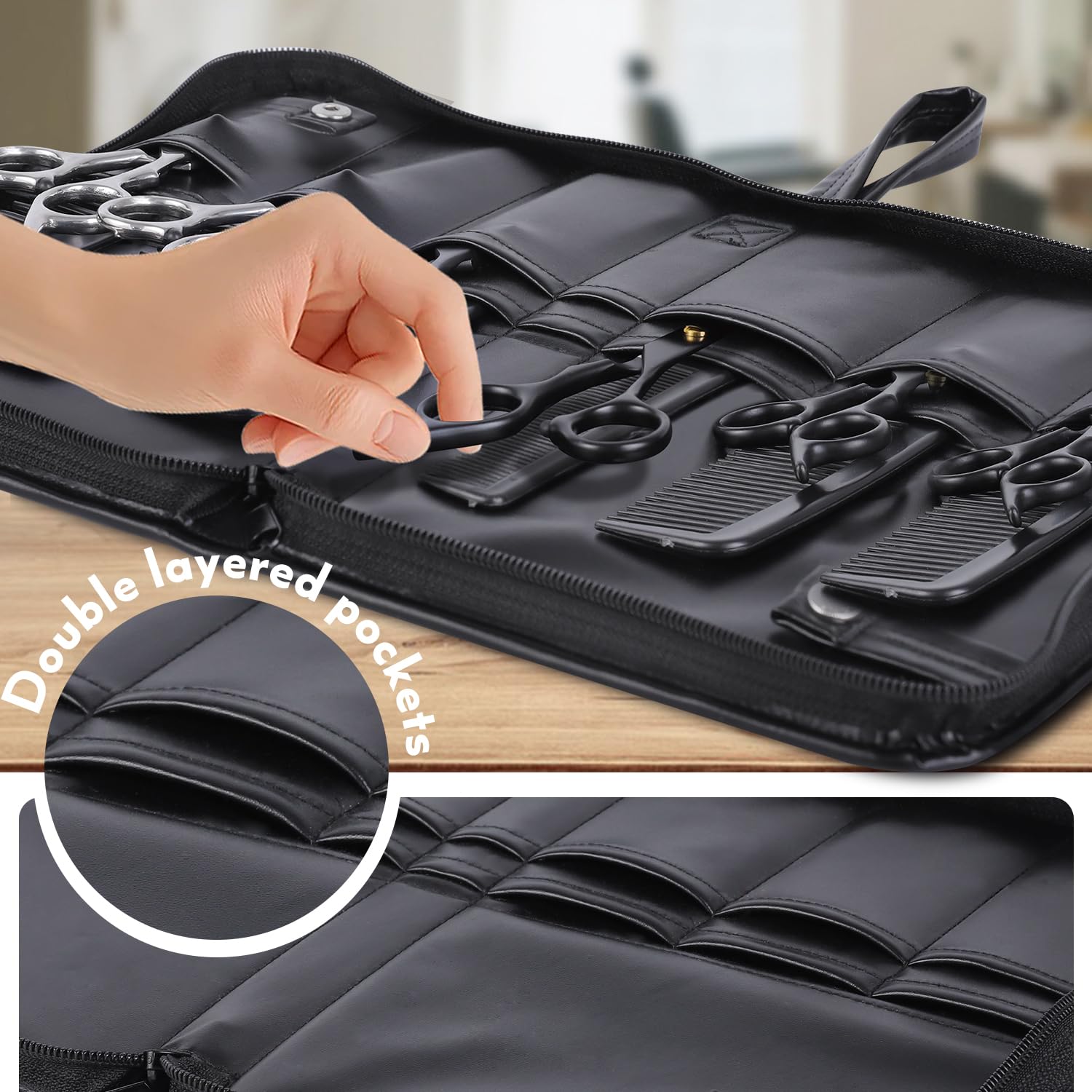 Amotpo professional salon shear case standing upright on a barber workstation