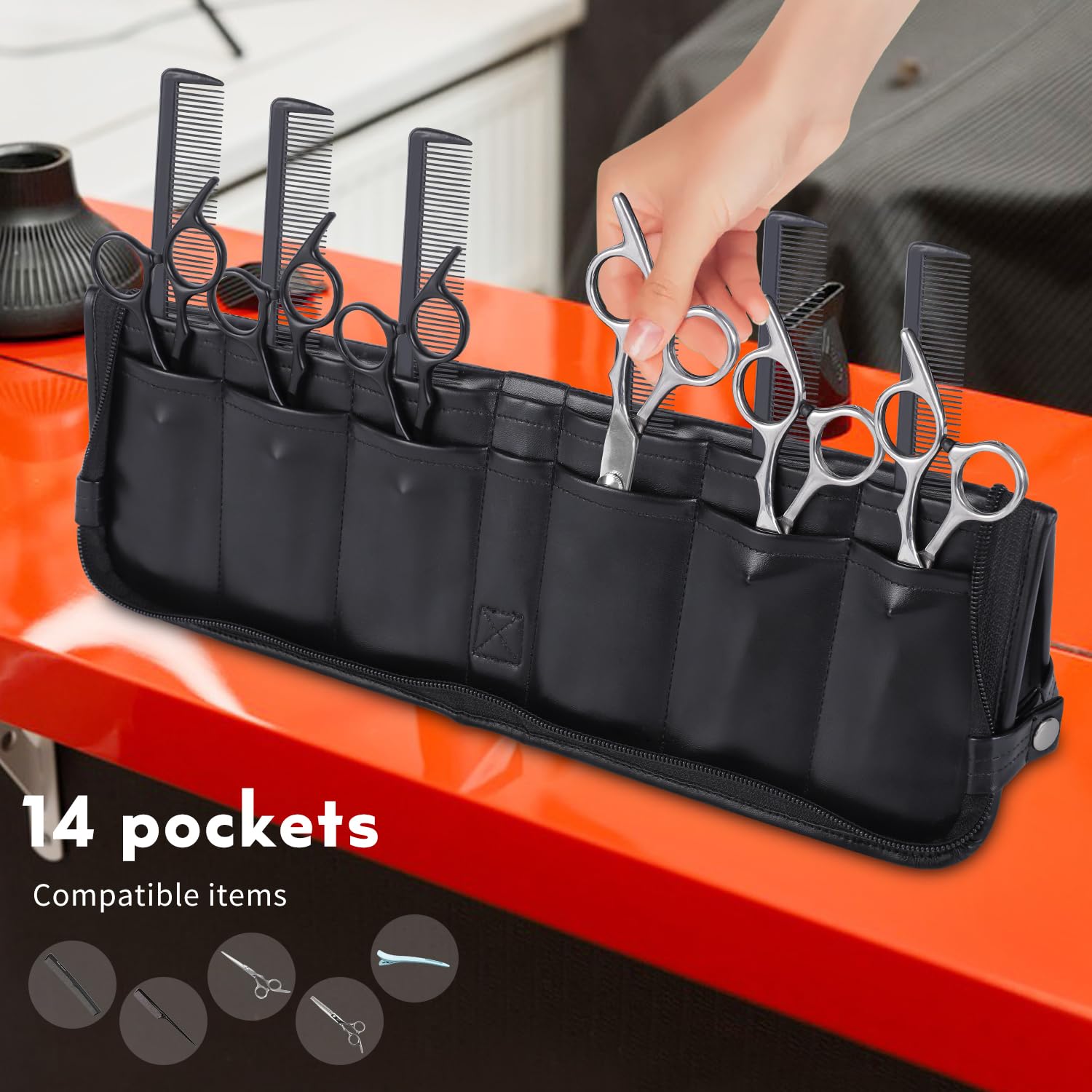 Amotpo barber tool organizer showcasing the heavy duty smooth zipper closure system