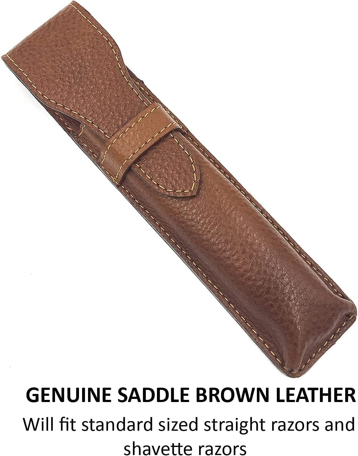 Durable hand-stitched leather blade guard cover tucked inside a travel Dopp kit bag.