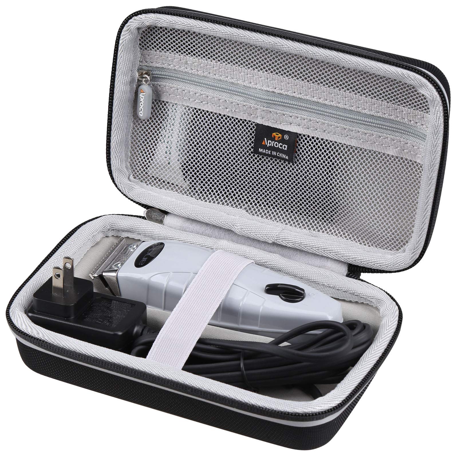 Aproca portable trimmer bag opened layout displaying interior mesh pocket compartments