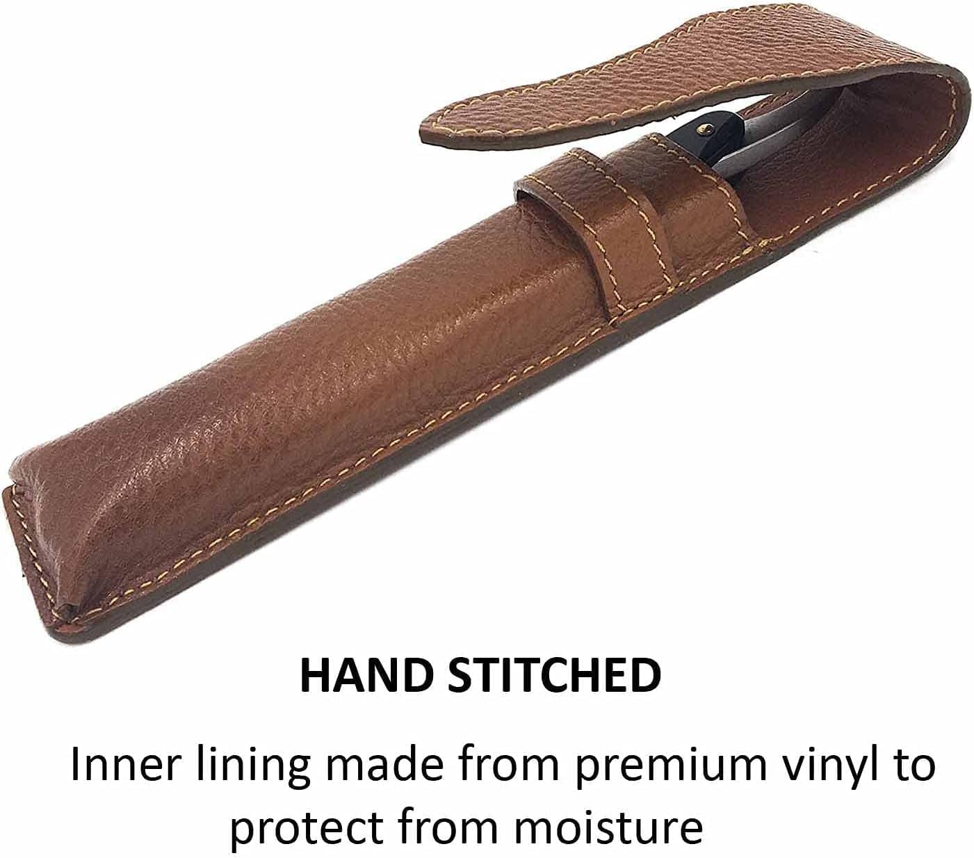 Close-up view of the genuine leather texture and waxed stitching on the Parker razor sleeve.
