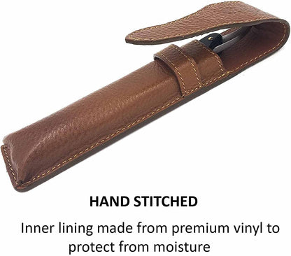 Close-up view of the genuine leather texture and waxed stitching on the Parker razor sleeve.