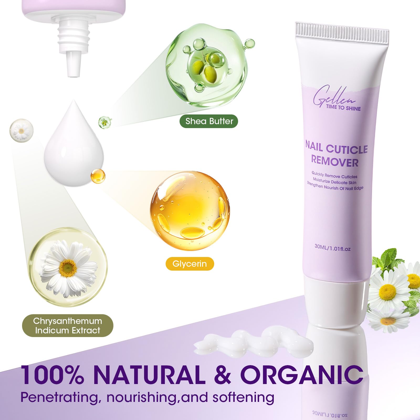 Gellen nail cuticle cream packaging with shea butter details