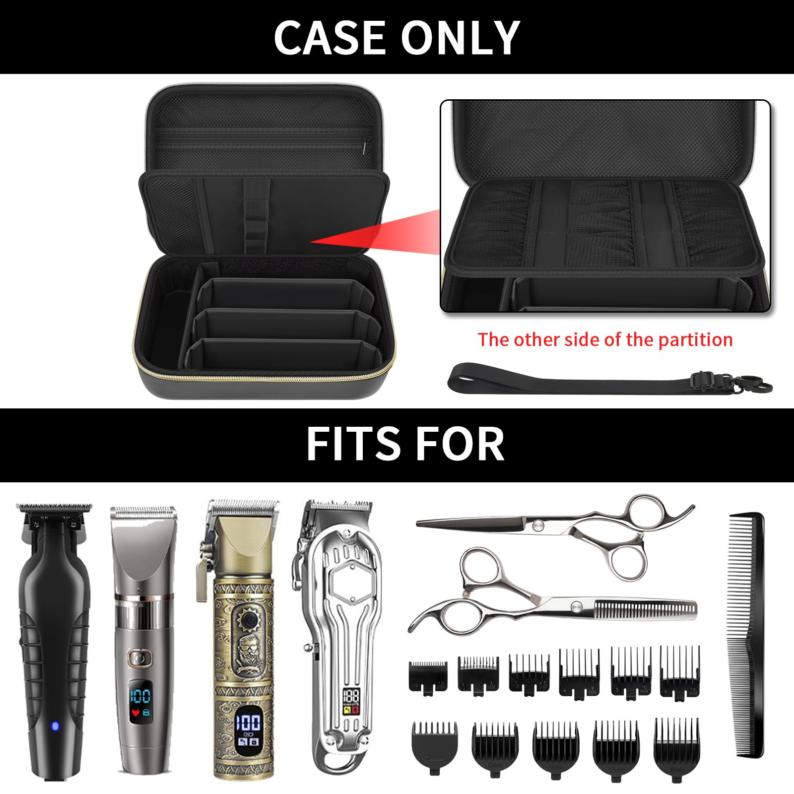 Casmilee hair clipper travel bag open layout displaying adjustable dividers and clippers inside.