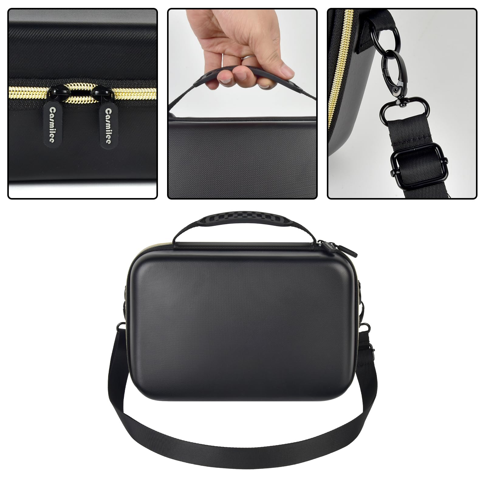 Casmilee portable hair cutting supplies bag being carried with the detachable shoulder strap.