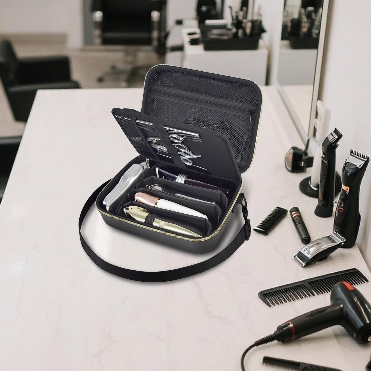Casmilee universal barber case organizer standing vertically next to professional grooming accessories.