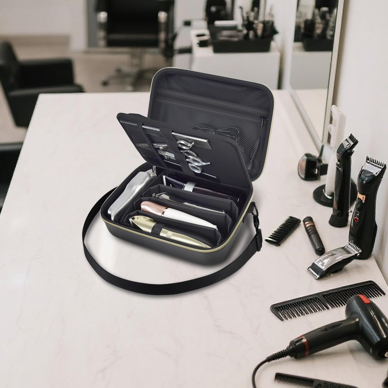 Casmilee universal barber case organizer standing vertically next to professional grooming accessories.